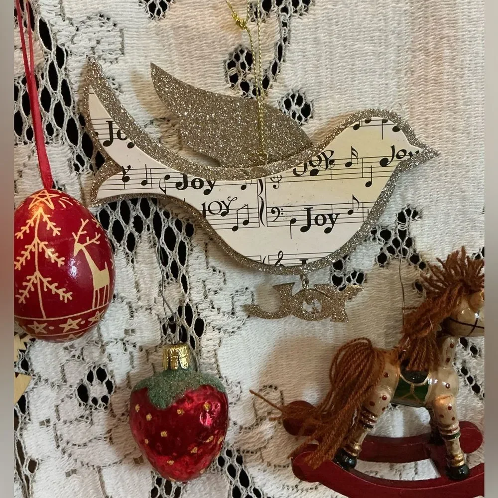 Vintage Christmas Ornament Lot Wood Glass Bird Joy 5pc Set